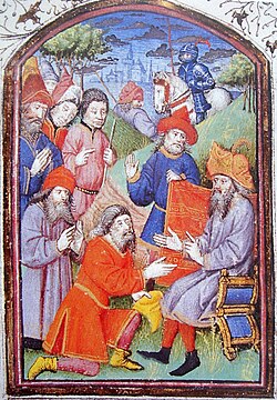 Hethum I (seated) in the Mongol court of Karakorum, "receiving the homage of the Mongols".[5] Miniature from "Histoire des Tartars", Hayton of Corycus, 1307.