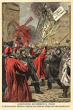 Antisemitic agitators in Paris burn an effigy of Mathieu Dreyfus during the Dreyfus affair