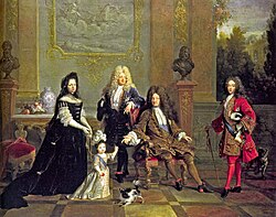 The infant Louis with his governess, grandfather, great-grandfather and father, and the busts of Henry IV and Louis XIII in the background. Madame de Ventadour holds her charge's reins. The portrait, painted for her, commemorates her part in saving the dynasty.