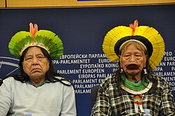 Chief Raoni opposing the Belo Monte Dam at a press conference