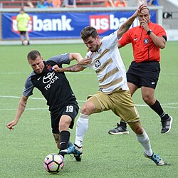 Corben Bone of Cincinnati and Niall McCabe of Louisville fight for the ball in the 2017 U.S. Open Cup.
