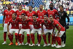 The Switzerland national team line-up before the game against Sweden, on 3 July 2018, in Saint Petersburg[99]