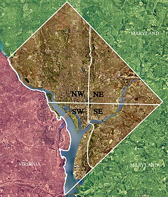 Washington, D.C., is divided into four quadrants: Northwest, Northeast, Southeast, and Southwest. The axes bounding the quadrants radiate from the United States Capitol building.