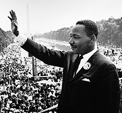 Martin Luther King Jr. addresses a crowd from the steps of the Lincoln Memorial, where he delivered his "I Have a Dream" speech.