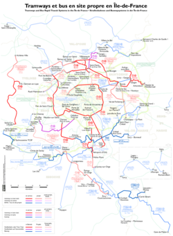 A map of the tram routes of Paris.