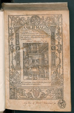 Title page of Basilii Magni Opera (1523), a translation of the writings of Basil the Great into Latin