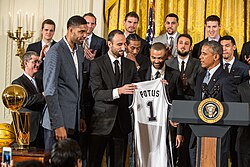 The 2014 NBA champions are received by President Barack Obama at the White House.
