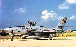 RF-84F Thunderflash, the reconnaissance version of the F-84F. Note the unique articulation of the canopy, which is mounted on a pair of hydraulic rams and a lever arm, allowing it to automatically pivot up and backwards behind the cockpit.