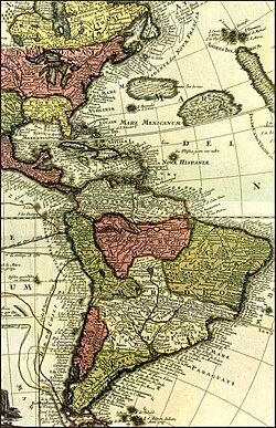 Map of South America, the Caribbean and the eastern part of North America. Several administrative regions are indicated, among others in the north of South America, the New Kingdom of Granada, covering roughly present-day Venezuela, the Guyanas and parts of Colombia. Roughly present-day Ecuador, Peru and Bolivia are marked as pertaining to the Viceroyalty of Peru. Roughly present-day Uruguay, Paraguay, and parts of Argentina and Brazil are marked, pertaining to Paraguay. Santa Cruz de la Sierra is marked in the Viceroyalty of Peru close to the border to Paraguay.