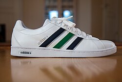 An Adidas shoe, with the company's three parallel bars