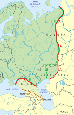 Definitions used for the boundary between Asia and Europe: A Ural Mountains - Emba river - Kuma–Manych Depression B Ural Mountains - Ural river - Kuma–Manych DepressionC Ural Mountains - Ural river - Caucasus Mountains