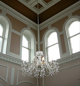 Stairwell in belvedere tower, with chandelier