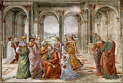 Domenico Ghirlandaio's fresco Zechariah Writes Down the Name of His Son (1490, fresco in the Tornabuoni Chapel, Florence)