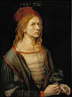 The earliest painted Self-Portrait (Holding a Thistle), 1493, oil, originally on vellum, Louvre, Paris