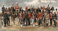 Uniforms of the Canadian militia in 1898. The Canadian Army traces its roots to the militia.