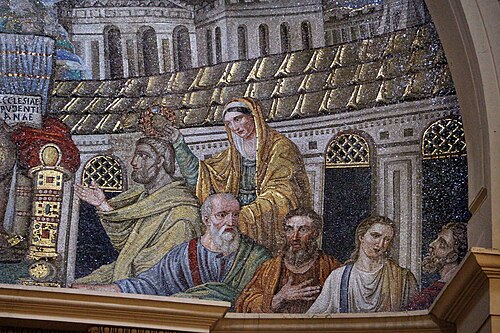 Detail of a Paleochristian Roman mosaic from the basilica of Santa Pudenziana in Rome, c. 410 AD, depicting Saint Pudentiana