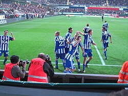 IFK Göteborg players celebrate a goal against Örgryte in the 2009 Allsvenskan