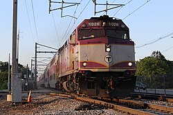 A MBTA Commuter Train. one of the Northeast's busiest commuter rail systems, entering Mansfield station in Mansfield, Massachusetts
