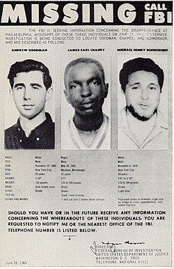 Missing persons poster created by the FBI in 1964 shows the photographs of Andrew Goodman, James Chaney, and Michael Schwerner