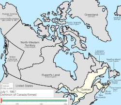 An animated map of the changes to the borders of Canada. The borders of Ontario were last changed in 1912.