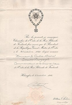 Diploma of the Order of the White Rose of Finland, creating Burzagli a Commander (First Class)