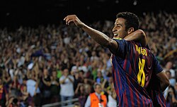 Thiago celebrates scoring for Barcelona against Villarreal in 2012