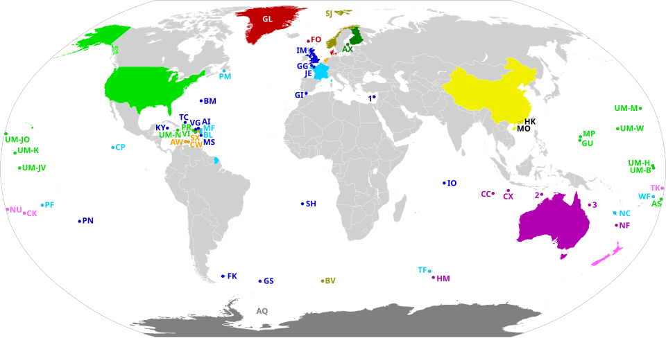 Dependent territories and their sovereign states. All territories are labeled according to ISO 3166-1[d] or with numbers.[e] Colored areas without labels are integral parts of their respective countries. Antarctica is shown as a condominium instead of individual claims.