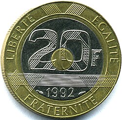 French 1992 twenty Franc Tri-Metallic coin