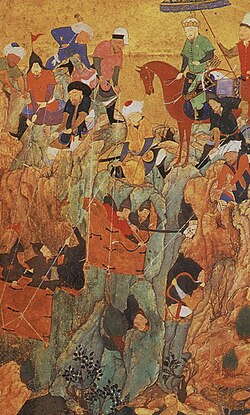 Emir Timur's army attacks the survivors of the town of Nerges, in Georgia, in the spring of 1396. Garrett Zafarnama (c. 1480)