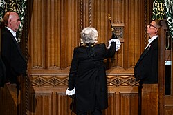 Sarah Clarke, Lady Usher of the Black Rod, knocks on the door to the House of Commons at the 2024 State Opening.