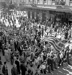 People in Athens celebrate the liberation from the Axis powers, October 1944. Postwar Greece would soon experience the Greek Civil War and political polarisation