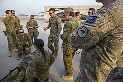 Australian Defence Force, New Zealand Defence Force, and US Army personnel conduct medevac training exercises at Camp Taji, Iraq, in 2018.