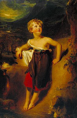 This portrait, by Thomas Lawrence, of Lady Georgiana Fane, as a peasant girl, is described as a good example of a trend in painting to represent the rich in fantastic scenes, as individuals from mythology, classical literature, or simple peasants.