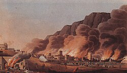 A painting depicting the burning of the coastal town and port of Emirate of Ras Al Khaimah during the Persian Gulf campaign of 1809