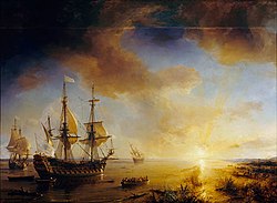 Painting by Theodore Gudin titled La Salle's Expedition to Louisiana in 1684. The ship on the left is La Belle, in the middle is Le Joly, and L'Aimable is to the right. They are at the entrance to Matagorda Bay