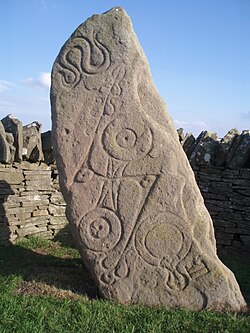 The Aberlemno I roadside symbol stone, Class I Pictish stone with Pictish symbols, showing (top to bottom) the serpent, the double disc and Z-rod and the mirror and comb