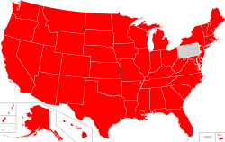 A map of the U.S. showing in red which states and territories have an official state bird.