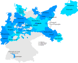 The provinces of Prussia in 1925. (Ostpreußen=East Prussia; Pommern=Pomerania; Sachsen=Saxony; Niederschlesien=Lower Silesia; Oberschlesien=Upper Silesia)