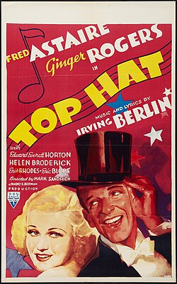 Poster for the 1935 musical comedy film Top Hat, featuring Fred Astaire wearing a top hat and white tie