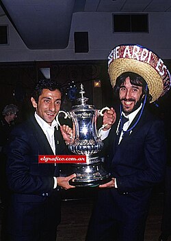 Ardiles with teammate Ricardo Villa posing with the FA Cup trophy, May 1981