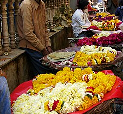 Garland sellers outside Banke Bihari Temple, Vrindavan, India