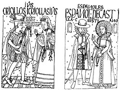 The Spanish and their descendants born in America formed the highest social group in the colony. Drawing from the New Chronicle and Good Government by Felipe Guamán Poma de Ayala, 16th century.