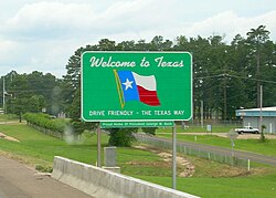 "Welcome to Texas" sign, entering the state from Arkansas on Interstate 30