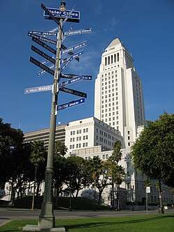 Los Angeles City Hall with twin towns fingerpost