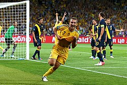 Shevchenko celebrates scoring against Sweden at Euro 2012.