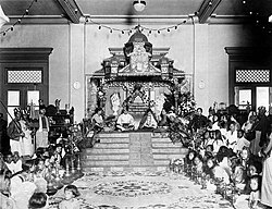 The coronation ceremony between Tengku Otteman, as the Tengku Mahkota (Crown Prince) of Deli Sultanate, Dutch East Indies; with his wife, Raja Amnah, a member of Perak Royalty as Tengku Puan Indera in 1925