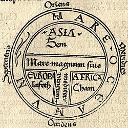 A medieval T and O map printed by Günther Zainer in 1472, showing the three continents as domains of the sons of Noah – Asia to Sem (Shem), Europe to Iafeth (Japheth) and Africa to Cham (Ham)