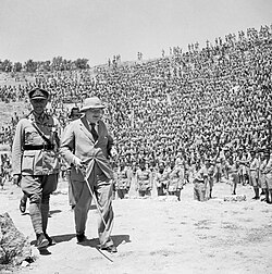 Churchill in the Carthage theatre, near the ancient Carthage Amphitheatre, to address 3,000 British and American troops, June 1943