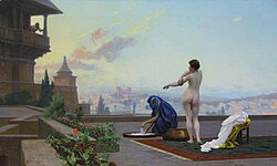 Painting by Jean-Léon Gérôme of Bathsheba bathing while being watched by King David