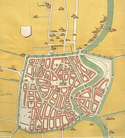 A map of Haarlem in the Netherlands, created around 1550, shows the city completely surrounded by a city wall and defensive canal, with its square shape inspired by the shape of Jerusalem.